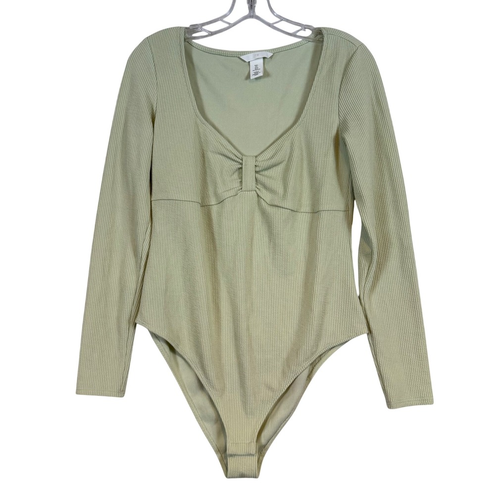 HM Womens Sage Green Ribbed Long‎ Sleeve Sweetheart Bow Bodysuit Large Coquette